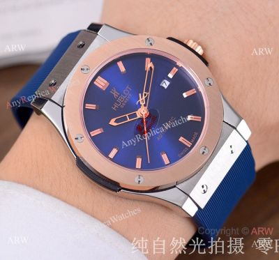 Copy Hublot Classic Fusion 42mm Watch Blue Face Rose Gold